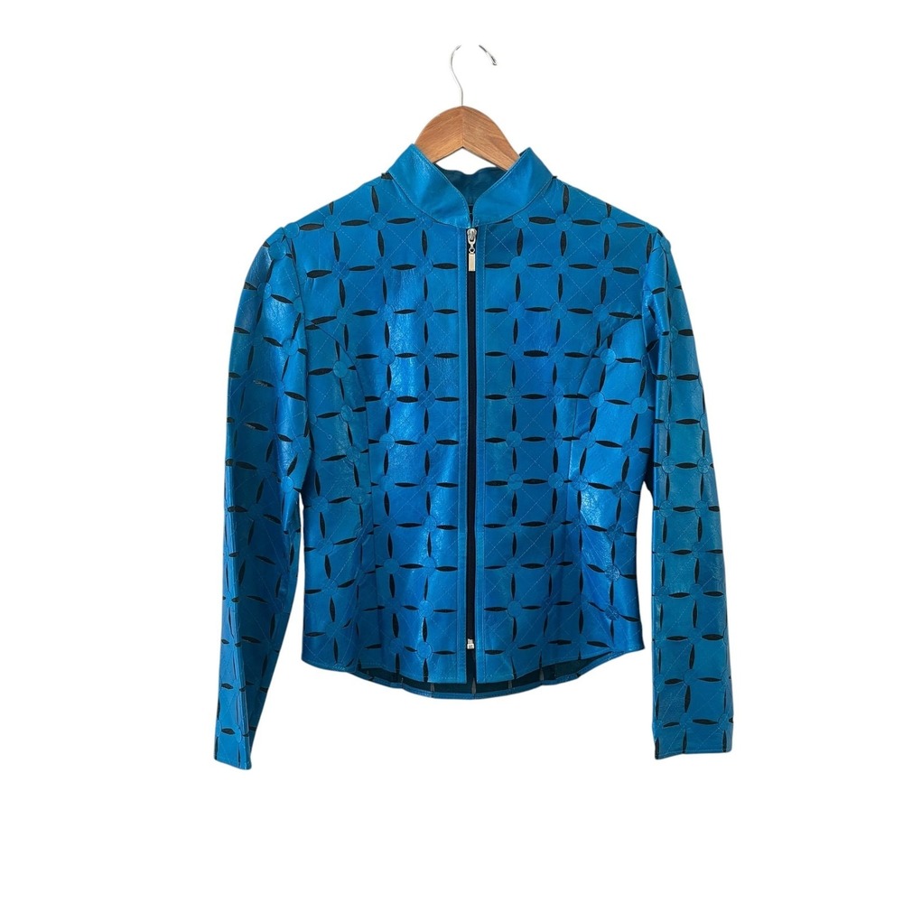 Image Leather Lambskin Cutout Jacket Womens XS Blue Geometric Zip Art To Wear